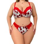 European and American Bestseller Plus-size Sexy Rose Print Lace Patchwork Romantic Lingerie Three-point Gathering Set - 图片 4