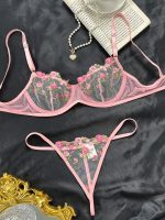 Wine Color Women 2 Piece Floral Sexy Embroidery Erotic Lingerie Underwear Set - 图片 4