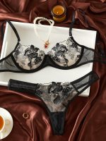 Lady Sexy Floral Embroidered Babydoll 2 Piece Underwire Bra and Panty Floral Cup Sleeping Nightwear Underwear Set - 图片 4