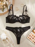 Black See-Through Mesh Lace Lingerie Set with Double Layer Spun Yarn Flower Embroidery Sexy Double Layer Solid Pattern - 图片 4