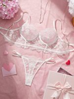 Women's Sexy Lace Eyelash Lingerie Set Beautiful Thin Solid Pattern Body-Shaping Vest-Bra Panty Logo on Waist - 图片 4