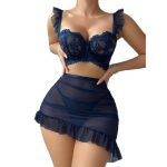 Floral Embroidery Sexy Lingerie Three-Piece Set Lace Trim Sleeve Sheer Bra Short Skirt Thong-Passionate Uniform - 图片 4