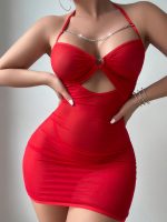 Sexy Lace Mesh See-Through Nightdress Thong Push-Up Chest Bra & Brief Set with Metal Accessories for Amazon Exclusive - 图片 4