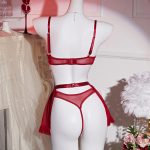 Womens Lingerie Red Lace Trim Floral Embroidery Sexy Lingerie Lace Sheer Waist-Cinching Bodysuit Waist Belt Lingerie Set - 图片 4