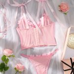 Women's Convertible Pink Lace Bikini Set Sexy Three-Piece Erotic Lingerie with Logo Pattern Bra and Thongs - 图片 4