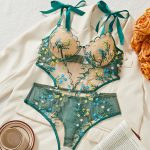 New Design Women Sexy Floral Satin Lace Lingerie Set Sexy Push-up Bralette and Panty Perspective See-Through Underwear Set - 图片 4