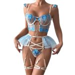 New Sexy and Pure Lace Mesh Embroidered Button Transparent Metal Chain Four-piece Lingerie Set for Adults - 图片 4
