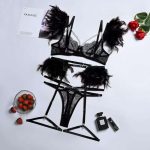 Sexy and Romantic Lingerie Set, Lace, Feather Trim, Sheer and Openwork Romantic Lingerie Four-piece Set - 图片 4