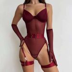 New European and American Sexy and Romantic Lingerie Set, See-through Mesh Shaping Jumpsuit, Sock Strap Three-piece Set - 图片 5