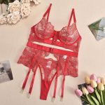 Russian Bestseller Lace Mesh Embroidery See-through Lace Bra Set, Sexy and Romantic Lingerie Three-piece Set - 图片 5