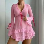 2025 European and American Fashion Sexy Lace See-through Pure Desire Hot Girl Lace-up Long-sleeved V-neck One-piece Short Skirt - 图片 5