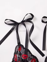 Seductive Black Babydoll with Red Lip Embroidery and Ribbon Straps Women's Sexy Night Dress Mini Nighty Wear Babydoll Lingerie - 图片 5
