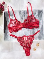 Romantic Pink Lace Bra and Thong Showcasing Vibrant Floral Details Floral Lace Babydoll Nightwear Erotic G-string Sleepwear Set - 图片 5