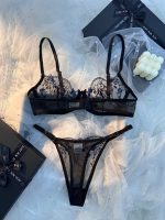 Women 2 Pieces Strap Lace Cup Lingerie Sexy Bra and Panties Sets Nightwear Bow See Through Lingerie - 图片 5