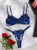 Hot Sell Soft See Through Lace Lingerie 3 Pieces Tube Teddy Very Sexy Blue Lingerie Set - 图片 5