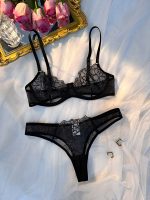Black Transparent Women Underwire Push up Bra Thong Cute 3 Piece Lace Lingerie Set - 图片 5
