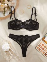 Black See-Through Mesh Lace Lingerie Set with Double Layer Spun Yarn Flower Embroidery Sexy Double Layer Solid Pattern - 图片 5