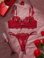 French Lace Embroidery Sexy Bra & Brief Set Low-Rise Underwire with Logo Waist Solid Pattern Thongs Prevents Sagging - 图片 5