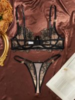 Ultra-Thin Sexy Lace Push-Up Underwear Set with Three-Point Black Lace Embroidery Featuring a Logo on the Waist - 图片 5