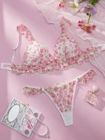 Pink Single Layer Transparent Bra Set with Small Floral Design Lace Trim Sexy Three-Point & Floral Low-Waist Panties Logo Waist - 图片 5