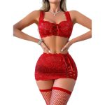 Hot Sale 3-Piece Sexy Lingerie Set Strap Bra with Lace Edge See-Through Short Skirt Temptation Thong Breathable Solid Pattern - 图片 5