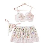 Hot-Selling Sexy Three-Piece Lingerie Set Floral Contrast Bra Low-Rise Short Skirt Thong Lace Trim Push-Up Playful Cute Style - 图片 5