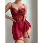 ODM One Size Floral Pattern Nightgown Thong Two-Piece Set Sexy Jersey Fabric Lace Perspective Teddies with Bow Hollow Ruffles - 图片 5