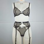 A New European and American Lake Blue Strappy Embroidered Bra Steel Frame See-through Sexy Lingerie Set of Three Pieces - 图片 6