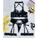 European and American Sexy Cross-necked, Embroidered, See-through Mesh Fabric Patchwork Lingerie and Underpants Set - 图片 6