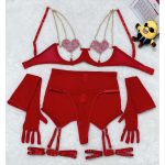 A New European and American Sexy Lace Cutout Patchwork Heart-shaped Chest with Metal Chain Lingerie Set - 图片 6