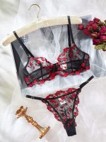 Romantic Pink Lace Bra and Thong Showcasing Vibrant Floral Details Floral Lace Babydoll Nightwear Erotic G-string Sleepwear Set - 图片 6