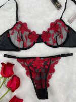 Pretty Blue Floral Embroidery Striking Black Mesh Bra and Thong Set Sexy Underwear with Light Lace Decoration - 图片 6