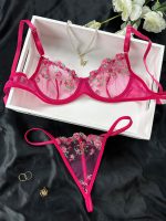 Wine Color Women 2 Piece Floral Sexy Embroidery Erotic Lingerie Underwear Set - 图片 6