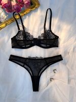 Black Transparent Women Underwire Push up Bra Thong Cute 3 Piece Lace Lingerie Set - 图片 6