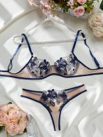 Lady Sexy Floral Embroidered Babydoll 2 Piece Underwire Bra and Panty Floral Cup Sleeping Nightwear Underwear Set - 图片 6