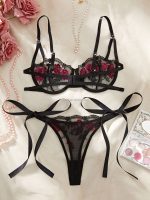 Hot-Selling Sexy Low-Rise Bra Set and Panties Outfit Rose Print Strap Tie-Up Solid Pattern Uniform - 图片 6