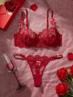 French Lace Embroidery Sexy Bra & Brief Set Low-Rise Underwire with Logo Waist Solid Pattern Thongs Prevents Sagging - 图片 6