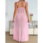 Women's Pink Lace Embroidery Erotic Nightwear Sexy Split See-Through Camisole Dress with Low-Rise Thong Two-Piece Set Waist Logo - 图片 6