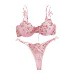 Erotic Lingerie Set Sexy See-Through Pink Mesh Heart Embroidery Gathered Bra Set for Women Sexy Underwear Set - 图片 6