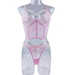 No Minimum Erotic Lingerie Set Sexy See-Through Pink Mesh Heart Embroidery Gathered Bra Set for Women Sexy Underwear Set - 图片 6