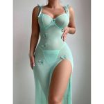 Sexy See-through Mesh Fabric Seductive Lace Backless High-slit Multi-color Romantic Halter Dress - 图片 6