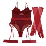 New European and American Sexy and Romantic Lingerie Set, See-through Mesh Shaping Jumpsuit, Sock Strap Three-piece Set - 图片 6