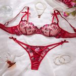 Erotic Lingerie Set Sexy See-Through Pink Mesh Heart Embroidery Gathered Bra Set for Women Sexy Underwear Set - 图片 7