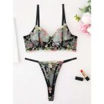 A Best-selling Sexy Single-layer Floral Print with See-through Lace Mesh and Steel Ribbed Thong Lingerie Set - 图片 7