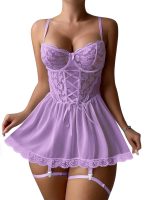New European and American Style Sexy Women's Lingerie, Lace See-through Patchwork Nightgown, Halter Sexy Dress - 图片 7