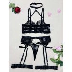 European and American Sexy Neck-hanging, Embroidered, See-through Mesh Fabric Patchwork Lingerie and Underpants Set - 图片 7