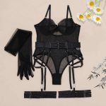 New European and American Sexy and Romantic Lingerie Set, See-through Mesh Shaping Jumpsuit, Sock Strap Three-piece Set - 图片 7