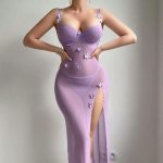 European and American Style Sexy See-through Mesh Fabric Seductive Lace Backless High Slit Light Blue Romantic Halter Dress - 图片 7