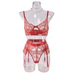 Russian Bestseller Lace Mesh Embroidery See-through Lace Bra Set, Sexy and Romantic Lingerie Three-piece Set - 图片 7