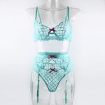 A New European and American Lake Blue Strappy Embroidered Bra Steel Frame See-through Sexy Lingerie Set of Three Pieces - 图片 7